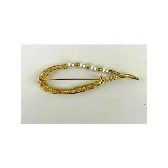 Faux Pearl Bead Brooch Pin Long Twisted Design VTG Gold Tone Metal - Picture 5 of 8